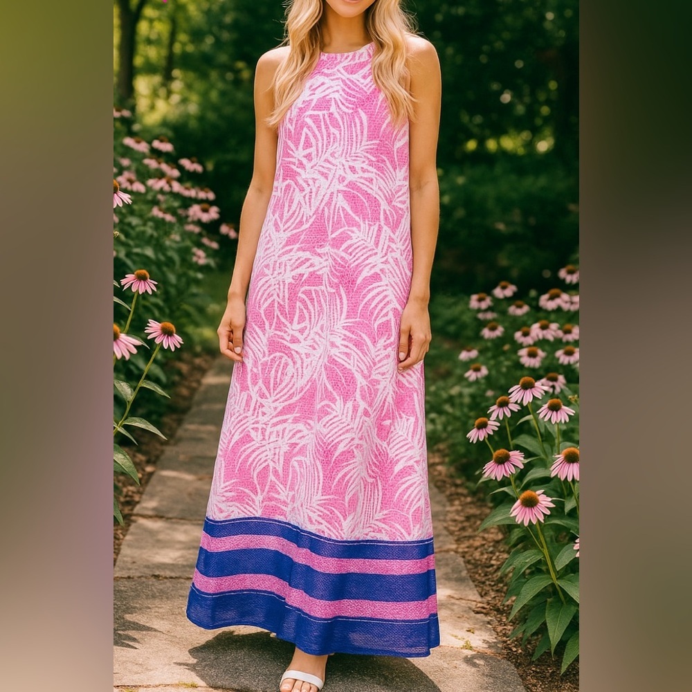 Rafaella Pink and Blue Maxi Dress with Tropical Print